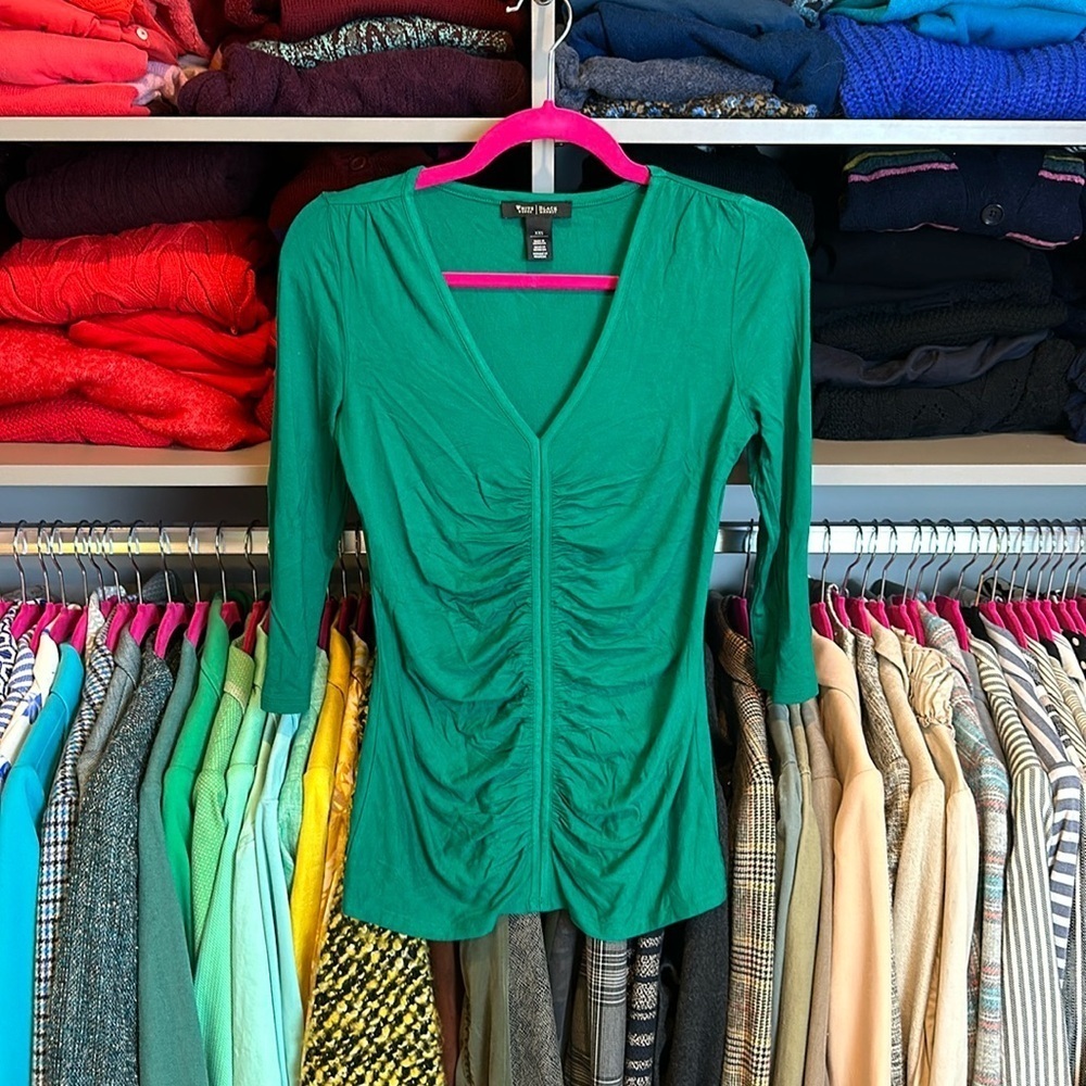WHBM green 3/4 quarter length sleeve ruched top size XXS​
